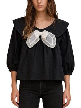 The Great Relic Top Black Cotton Voile Babydoll Blouse Size 1 Bow Collar